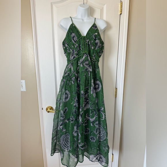 Large Anthropologie Penny Green Floral V-neck Midi Dress - Picture 3 of 10